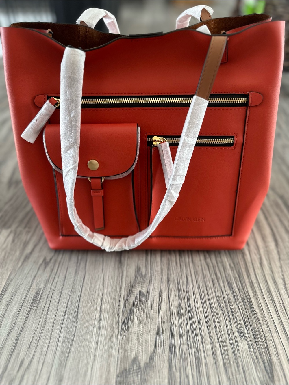 Calvin Klein Coral-Red Tote with Front Pockets